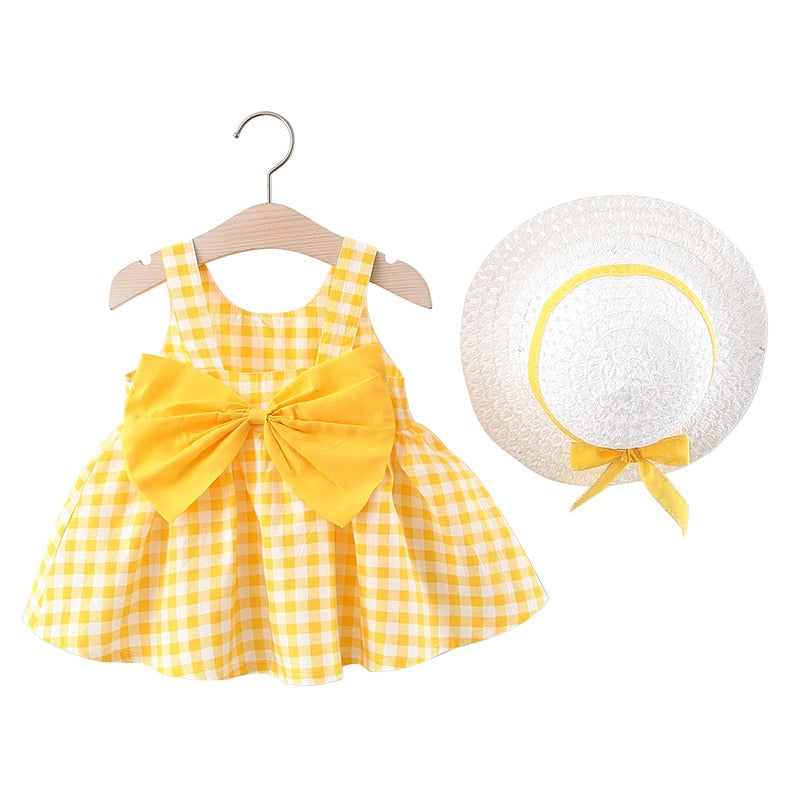 Vestido Infantil Xadrez com Laço e Chapéu