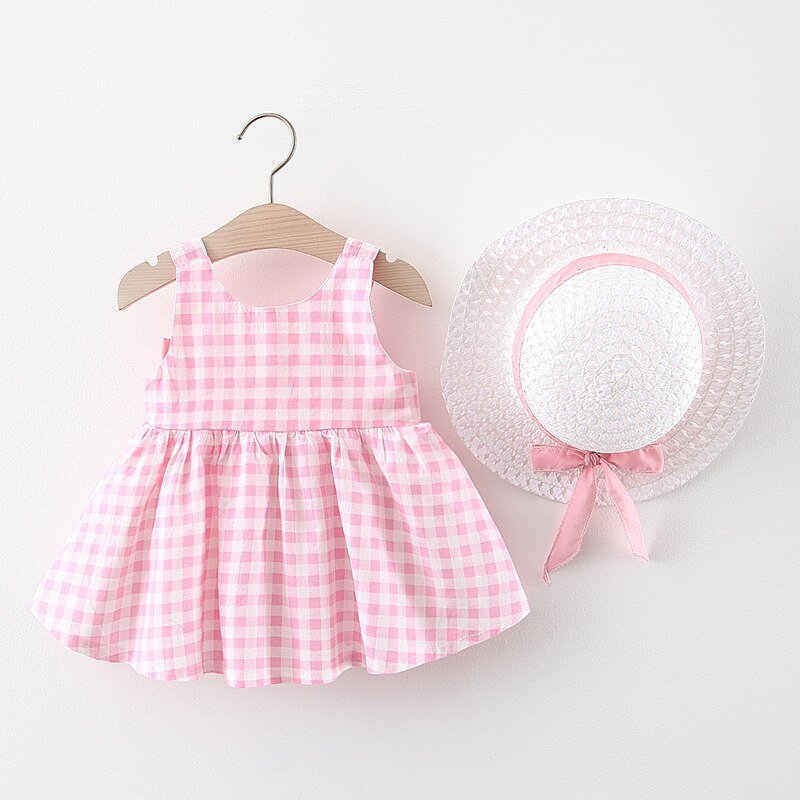 Vestido Infantil Xadrez com Laço e Chapéu