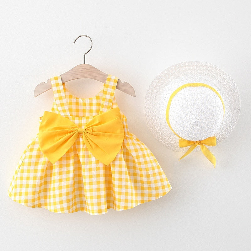Vestido Infantil Xadrez com Laço e Chapéu